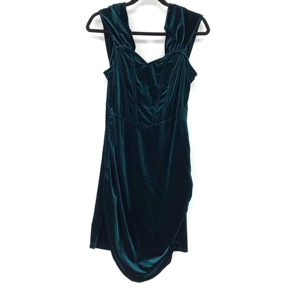 Cider Off Shoulder Draped Front Velvet Mini Dress Womens Sz XL Dark Teal Green